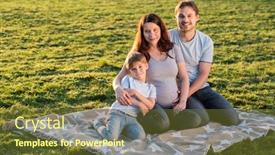  Presentation with new baby - Beautiful PPT theme featuring happy pregnant family of three expecting new baby father and mother with little boy hugging outdoors backdrop and a tawny brown colored foreground