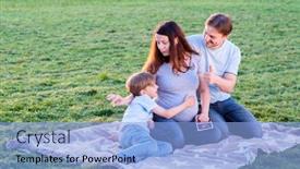  Presentation with new baby - Colorful presentation enhanced with happy pregnant family of three expecting new baby father and mother with little boy hugging outdoors backdrop and a light blue colored foreground
