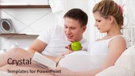 Presentation with pregnant - Audience pleasing PPT theme consisting of happy pregnant family with book and apple lies on the house bed backdrop and a soft green colored foreground
