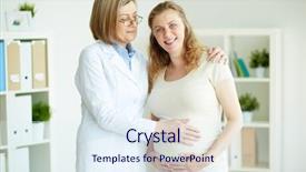  Presentation with examination - Colorful presentation design enhanced with happy pregnant woman and mature obstetrician after regular examination at hospital backdrop and a sky blue colored foreground