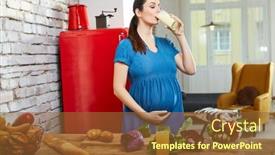  Presentation with healthy living - Amazing PPT theme having happy-pregnant-woman-at-home backdrop and a tawny brown colored foreground