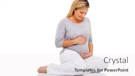  Presentation with stomach - PPT theme with happy pregnant woman sitting on floor touching her stomach background and a white colored foreground