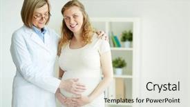  Presentation with pregnant woman doctor - Slide deck enhanced with happy pregnant woman and her doctor after regular examination at hospital background and a light gray colored foreground