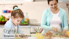  Presentation with woman child - Cool new theme with happy pregnant woman and her child making dinner in kitchen backdrop and a soft green colored foreground