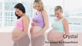  Presentation with pregnant - PPT theme with happy pregnant women standing in a row looking at bumps in a fitness studio background and a soft green colored foreground