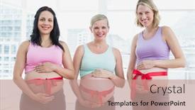  Presentation with red bow - Beautiful slide set featuring happy pregnant women standing with red bow around bumps in a fitness studio backdrop and a coral colored foreground
