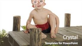  Presentation with dock - Audience pleasing PPT theme consisting of happy preschool swimmer sitting on a rustic old dock in his swim trunks and goggles on a white background backdrop and a violet colored foreground