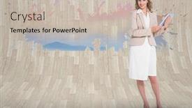  Presentation with landscape desert - Beautiful PPT layouts featuring happy pretty businesswoman holding a tablet pc against splash showing desert landscape backdrop and a soft green colored foreground