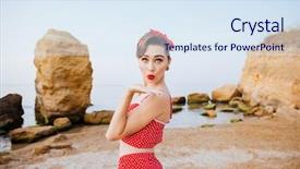  Presentation with pretty girl - Slide set featuring happy pretty pinup girl in red swimsuit sending a kiss standing at the beach background and a sky blue colored foreground