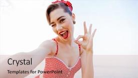  Presentation with pretty girl - Colorful slide deck enhanced with happy pretty pinup girl in red swimsuit winking and showing okay sign while standing at the beach backdrop and a soft green colored foreground