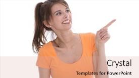  Presentation with promotion - Presentation design having happy pretty young girl making promotion for a product background and a coral colored foreground
