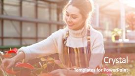  Presentation with garden - Amazing slide set having happy pretty young woman gardener taking care of anthuriums in garden center backdrop and a coral colored foreground