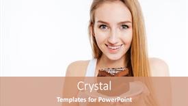  Presentation with white plate - PPT theme consisting of happy pretty young woman holding piece of chocolate cake on plate over white background background and a coral colored foreground