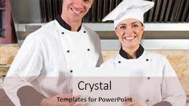  Presentation with professional - Colorful slide deck enhanced with happy professional chefs holding white board in kitchen backdrop and a coral colored foreground