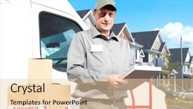  Presentation with courier delivery - Presentation design featuring happy professional shipping courier delivery background and a lemonade colored foreground