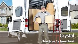  Presentation with courier delivery - Amazing slide set having happy professional shipping courier delivery backdrop and a violet colored foreground