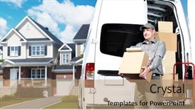  Presentation with courier - Slides with happy professional shipping courier delivery background and a coral colored foreground