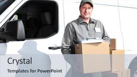  Presentation with courier delivery - Slide set consisting of happy professional shipping courier delivery background and a lemonade colored foreground