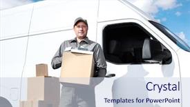  Presentation with labor delivery - Colorful slide set enhanced with happy professional shipping courier delivery backdrop and a sky blue colored foreground