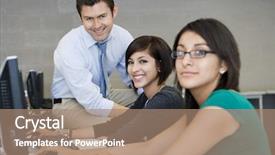  Presentation with professor - Presentation design having happy professor with students working in computer lab background and a coral colored foreground