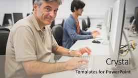  Presentation with computer lab science classroom - Audience pleasing PPT layouts consisting of happy professor working on computer backdrop and a mint green colored foreground