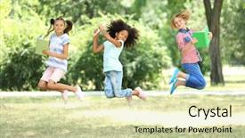  Presentation with kids - Slide deck enhanced with happy pupil jumping - cute kids with books background and a  colored foreground