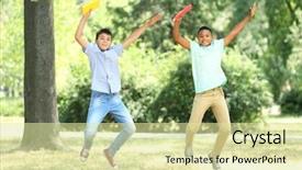  Presentation with kids - Slide deck having happy pupil jumping - cute kids with books background and a  colored foreground