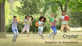  Presentation with kids sleep children books - Beautiful PPT layouts featuring happy pupil jumping - cute kids with books backdrop and a  colored foreground