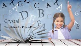  Presentation with shimmering - Slide deck with happy pupil with arm raised against light design shimmering on silver background and a light blue colored foreground