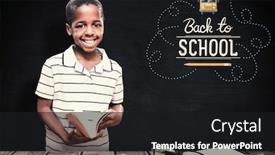  Presentation with pupil - PPT theme featuring happy pupil with book against blackboard background and a black colored foreground