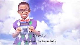  Presentation with pupil - Theme enhanced with happy pupil with calculator against blue sky with white clouds background and a light blue colored foreground