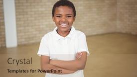  Presentation with pupil - Theme enhanced with happy pupil with folded arms at the elementary school background and a coral colored foreground