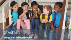  Presentation with stairs - Presentation design with happy pupils laughing and sitting on stairs in school background and a ocean colored foreground