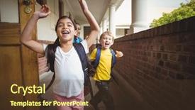  Presentation with school guns - Beautiful slide set featuring happy pupils leaving the classroom backdrop and a tawny brown colored foreground