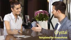  Presentation with receptionist - Cool new presentation theme with happy receptionist and guest talking backdrop and a tawny brown colored foreground