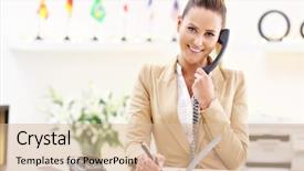  Presentation with receptionist - Presentation theme featuring happy receptionist working in hotel background and a lemonade colored foreground