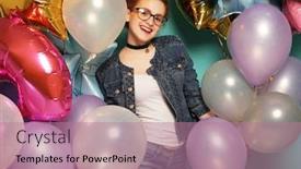  Presentation with blue sparkle - Audience pleasing slide set consisting of happy redhair girl waiting for party gorgeous cheerful young woman having fun with sparkle balloons over blue background lifestyle concept backdrop and a coral colored foreground