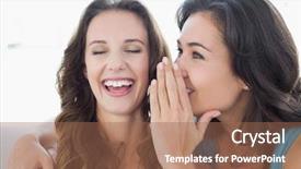  Presentation with worried young female college student - Presentation theme with happy relaxed young female friends background and a  colored foreground