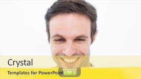  Presentation with spirit - Presentation theme enhanced with happy repairman looking at spirit level over white background background and a yellow colored foreground