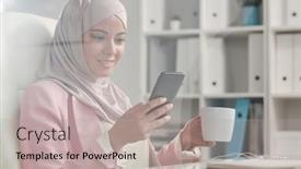  Presentation with scrolling - Beautiful presentation design featuring happy-restful-muslim-businesswoman backdrop and a mint green colored foreground