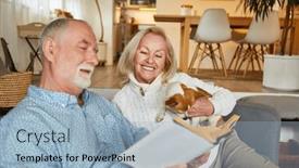  Presentation with senior living - PPT theme consisting of happy-retired-senior-couple-reading background and a light blue colored foreground