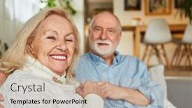  Presentation with happy retirement - PPT theme having happy-retired-senior-couple-sitting background and a mint green colored foreground