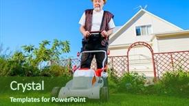  Presentation with lawn and garden - Presentation enhanced with happy retired senior man mows background and a tawny brown colored foreground