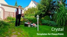  Presentation with garden - Audience pleasing presentation theme consisting of happy retired senior man mows backdrop and a forest green colored foreground