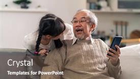  Presentation with happy retirement - Cool new PPT theme with happy-retirement-elderly-man-sitting backdrop and a violet colored foreground