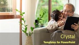  Presentation with living room family - Colorful slide set enhanced with happy-retirement-elderly-man-sitting backdrop and a tawny brown colored foreground