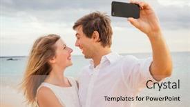  Presentation with romantic beach - Cool new slide deck with happy romantic couple on the beach taking photo of themselves with smart phone at sunset man and woman in love backdrop and a soft green colored foreground