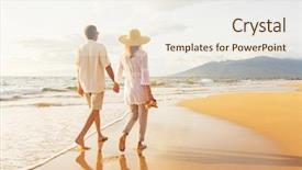  Presentation with happy retirement - Colorful PPT theme enhanced with happy romantic middle aged couple enjoying beautiful sunset walk on the beach travel vacation retirement lifestyle concept backdrop and a sky blue colored foreground