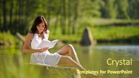 Presentation with romantic - Audience pleasing presentation theme consisting of happy romantic woman sitting by lake with book wearing white dress backdrop and a tawny brown colored foreground