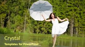  Presentation with sunlight - Cool new presentation with happy romantic woman with parasol in sunlight wearing white dress walking in water backdrop and a tawny brown colored foreground